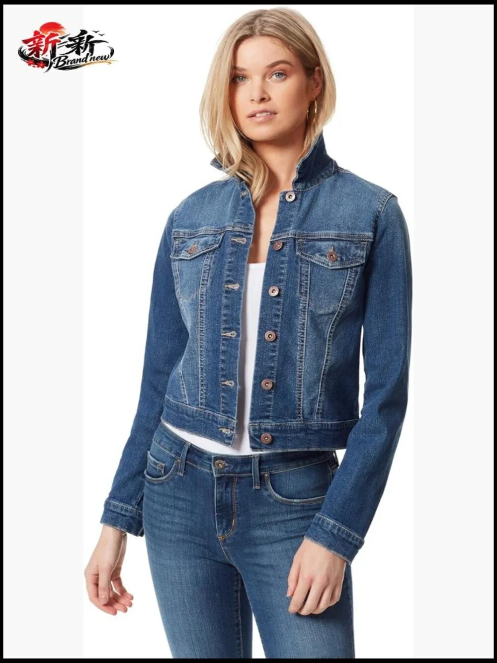 Crop Jean Jacket with Button Front, Chest Pockets, Long Sleeve